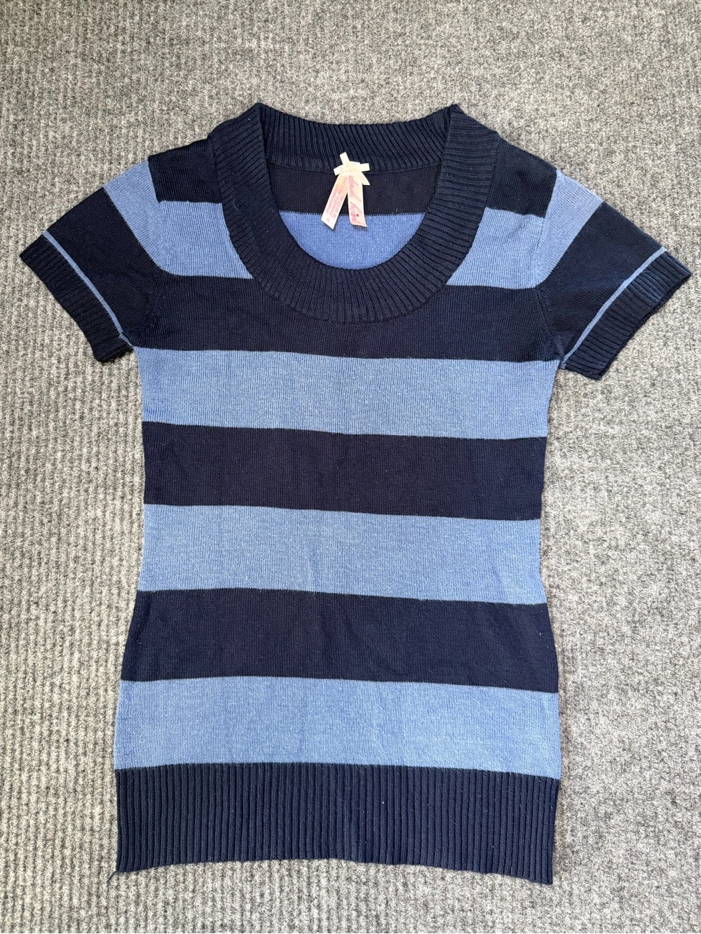 Y2k Derek Heart Short Sleeve Striped Knit Top - Navy & Light Blue